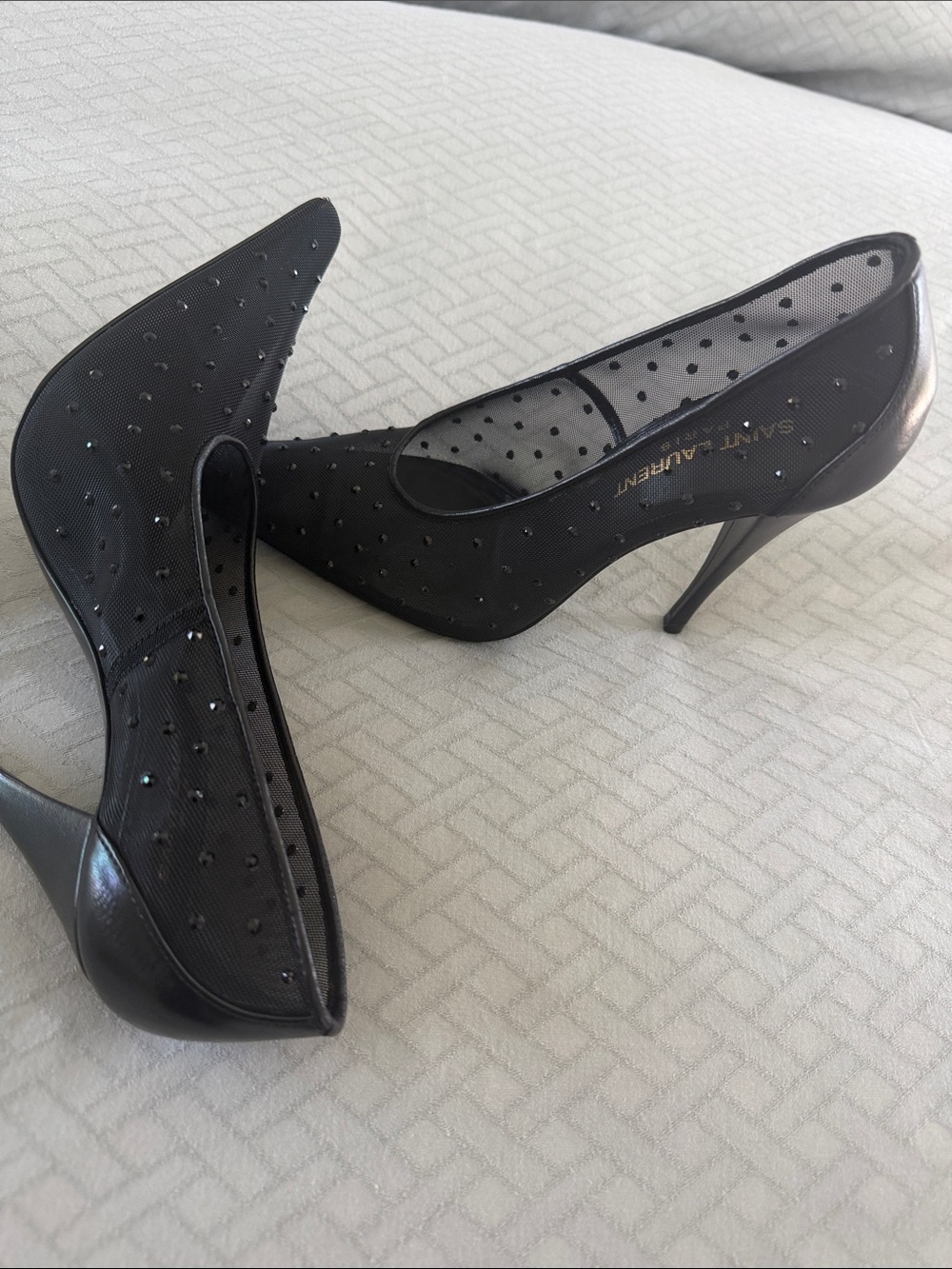 Saint Laurent Black Crystal-Dotted Pointed Mesh Pumps